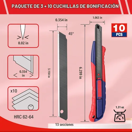 Vista 3 de WORKPRO Cuchillo utilitario de seguridad 2 en 1, hoja retráctil a presión, juego de cortador de caja de metal, cuchillos de afeitar Exacto