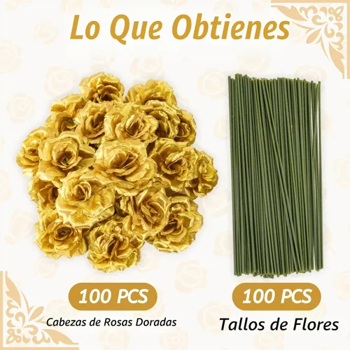 Vista 3 de Youeon 100 cabezas de rosas artificiales doradas de 3.5 pulgadas con tallos, cabezas de flores sintéticas de rosa de seda a granel para ramos