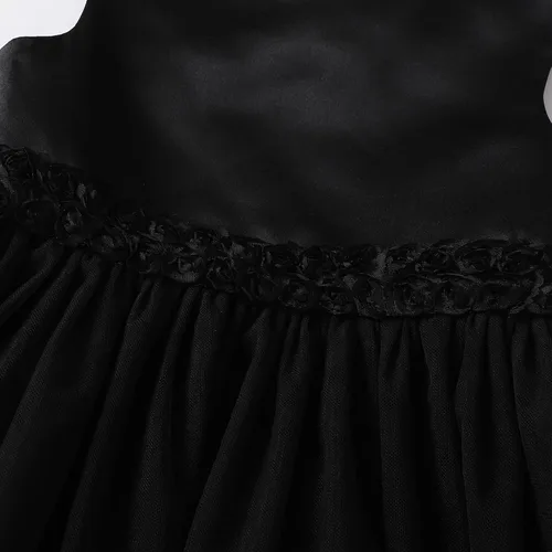 Vista 4 de OPAWO Vestido negro para niña pequeña, dama de honor, 3D, tul de encaje, vestido de princesa de satén, vestido de fiesta, concurso, funerario