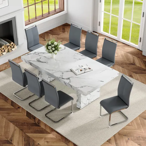 Vista 18 de Ebullient - Juego de mesa de comedor de mármol de 79 pulgadas para 6, mesa con patrón de mármol blanco de 3.5 pulgadas con base de MDF estable