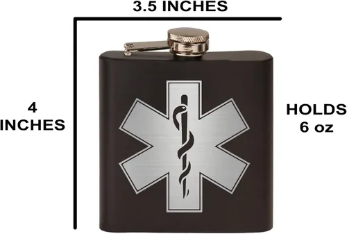 Vista 3 de Rogue River Tactical EMT Star of Life - Petaca de acero inoxidable de alta calidad, color negro mate, es un gran regalo para él, papá, padre, EMS