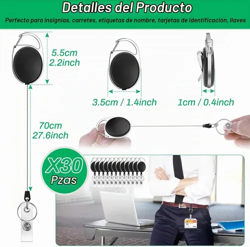 Vista 5 de 30 soportes retráctiles para tarjetas de identificación con clip de carrete de mosquetón, cordones retráctiles para llaves y tarjetas Negro