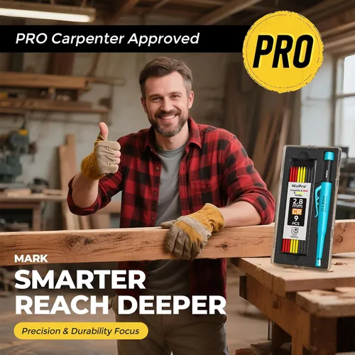 Vista 6 de Nicpro Lápiz de carpintero con sacapuntas, lápices mecánicos de carpintero CP3000 con 19 recargas, marcador de agujero profundo para construcción