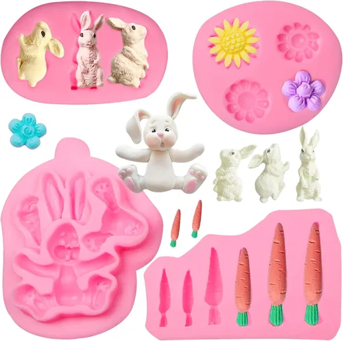 Vista 11 de Molde de silicona 3D de conejo de Pascua, moldes de chocolate con zanahoria de conejo grande, huevos de conejo, oreja, margarita, flores, dulces