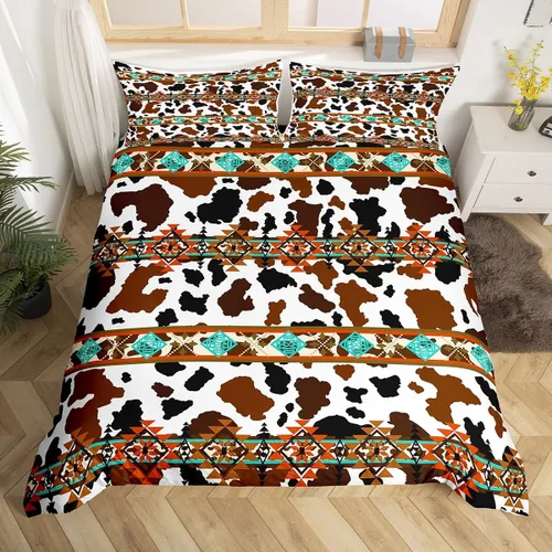 Vista 36 de Erosebridal Funda de edredón de piel de vaca marrón con estampado de vaca de las tierras altas, juego de ropa de cama occidental exótico azteca