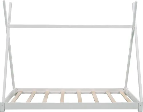Vista 6 de Cama de plataforma de madera maciza tamaño individual con estructura triangular, marco de cama de suelo individual para niños, niñas, adolescentes