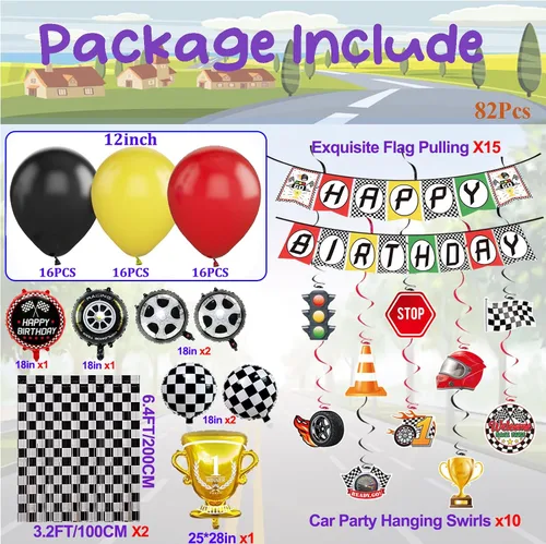 Vista 2 de Decoración de fiesta de cumpleaños de coche de carreras, globos de automóvil de carreras con flecos de aluminio a cuadros, telón de fondo