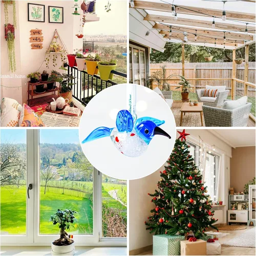 Vista 7 de Adorno de vidrio soplado – colibrí, 3 pulgadas, cristal de arte de pájaro azul, coleccionable, decorativo, colgante, para árbol de Navidad, ventana