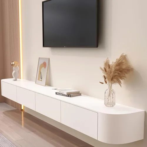 Vista 5 de Consola flotante de TV para montaje en pared, gran unidad negra con cajones de almacenamiento y soporte de enrutador, 94.5 x 7.9 x 9.4 in