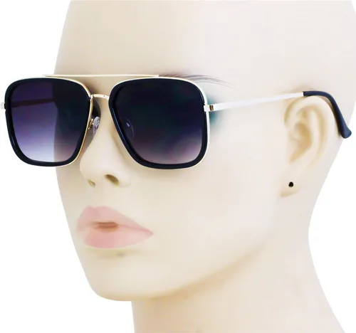 Vista 3 de Flawless Eyewear Gafas de sol cuadradas estilo aviador retro vintage para hombres y mujeres con marco de metal clásico Tony Stark Black Gold Black