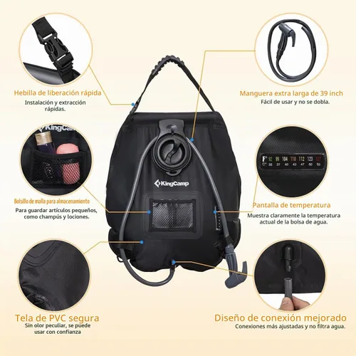 Vista 5 de KingCamp Bolsa de ducha solar, diseño a prueba de fugas, bolsa de camping con termómetro, manguera extraíble y cabezal de ducha intercambiable, 5