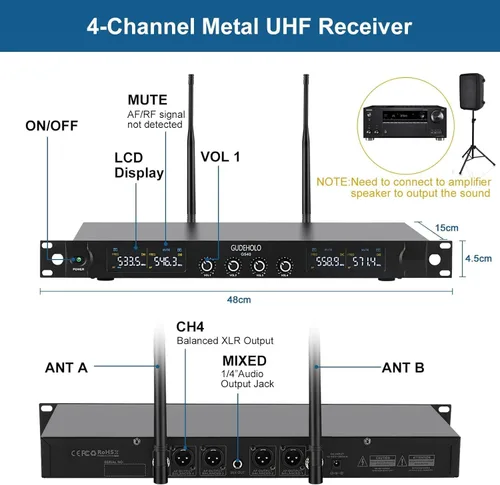 Vista 3 de Sistema de micrófono inalámbrico de 4 canales, micrófono inalámbrico de metal UHF cuádruple, 4 x 25 canales, sistema de micrófono inalámbrico