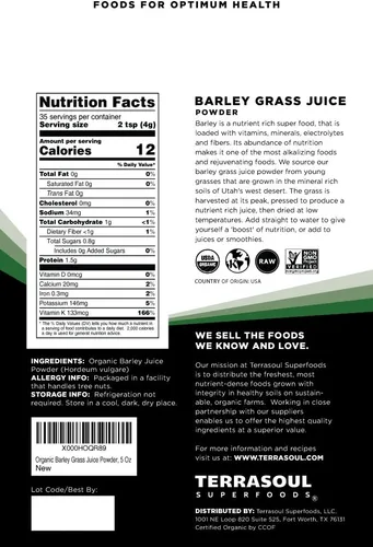 Vista 2 de Terrasoul Superfoods Jugo de hierba de cebada orgánica en polvo, 5 onzas, cultivado en Estados Unidos, hecho de jugo concentrado, superior a