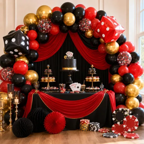 Vista 6 de Globos de Casino, Globos Metálicos Negros Rojos Dorados de 12 Pulgadas con Confeti y Dados de Lámina para Decoración de Fiesta Temática de Juego