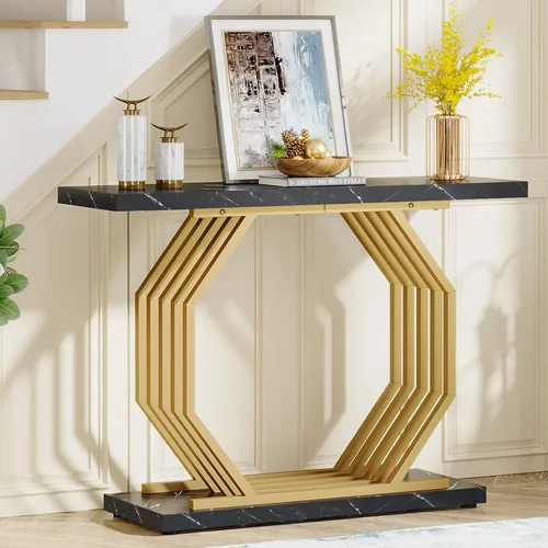 Vista 5 de LITTLE TREE Mesa consola dorada de 40 pulgadas, mesa de entrada de mármol sintético, mesa de sofá estrecha, mesa decorativa moderna para sala