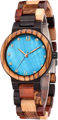 Vista 12 de Tiong Reloj de madera para mujer con correa de madera, diseño clásico analógico, colorido, de bambú, relojes para mujeres, parejas