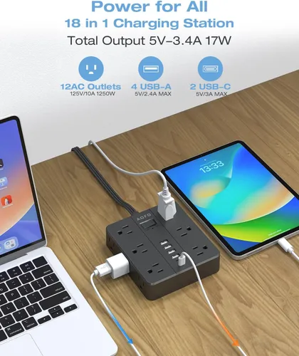 Vista 5 de Regleta de Enchufe Plano, AOFO Cable de Extensión de 5 Pies con 12 Tomacorrientes y 6 Puertos USB (4 USB-A, 2 USB-C), Protector contra