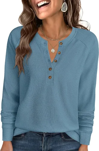 Vista 8 de ANRABESS Camisas de manga larga Henley de punto gofre para mujer Negro