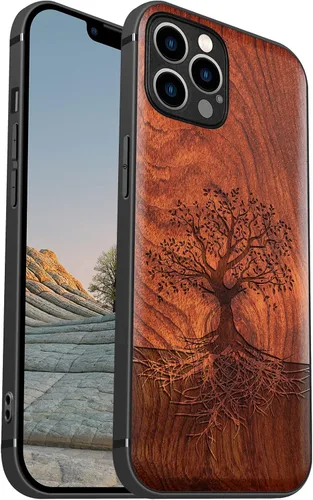 Vista 17 de Carveit Funda de madera para iPhone 12, árbol con raíces - Blackwood) Blackwood-12