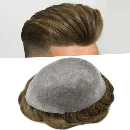 Vista 20 de Tupé de piel ultra fina para hombres pieza de cabello humano real sistema de reemplazo 0.002 in Mens Toupee Hairpiece para hombres V-Loop 8x10 80%