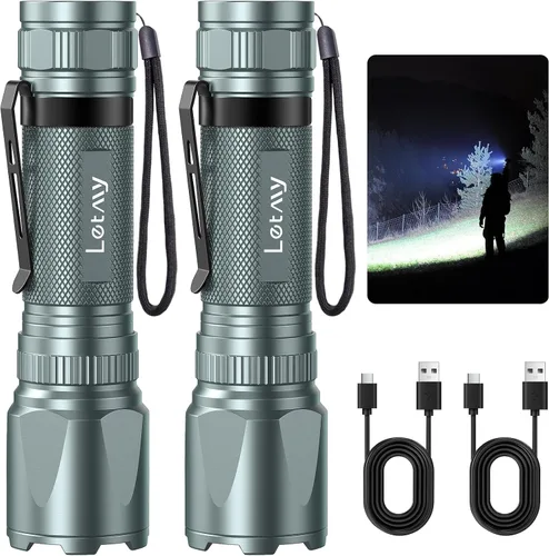 Vista 10 de LETMY Linternas recargables de alto lúmenes, paquete de 2 linternas tácticas LED brillantes de 2000 lúmenes, 3 modos Samll potentes luces de flash