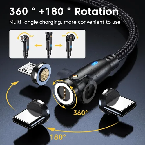 Vista 3 de VAFOTON Paquete de 3 cables de carga magnéticos USB (3.3+3.3+6.6 pies), cable magnético giratorio de 540° con transferencia de datos, cable