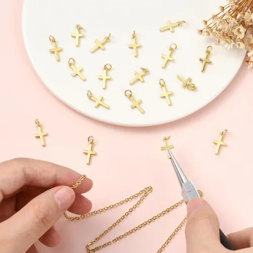 Vista 6 de Dijes de cruz para hacer joyas, chapado en oro real de 18 quilates, dijes de religión para pulseras, collares y aretes