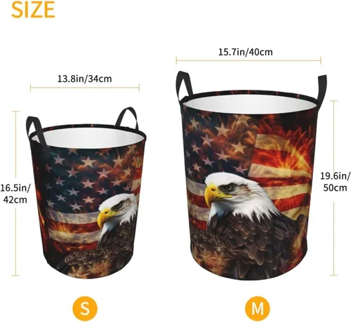 Vista 5 de American Flag Fire Eagle print Circular Hamper Waterproof Storage Bin Organizer Basket Laundry Hamper With Handles For Clothes Toys Small