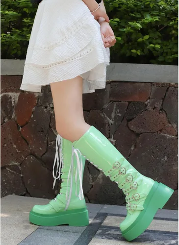Vista 65 de Parisuit Botas góticas altas hasta la rodilla con hebilla de plataforma para mujer, tacón alto grueso, con cordones, botas de combate punk, con Negro