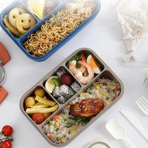 Vista 4 de Bento Box - Lonchera para adultos, recipientes de 44 onzas con 4 compartimentos, contenedor de alimentos con utensilios, tarro de salsa, apto