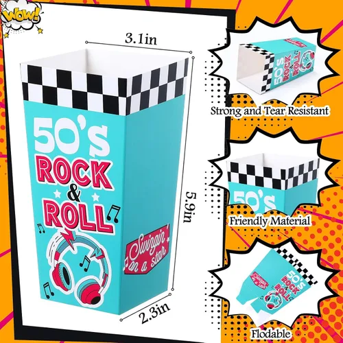 Vista 3 de Watersay Paquete de 24 cajas de palomitas de maíz Rock and Roll de los años 50, decoraciones de fiesta de los años 50, caja de aperitivos retro