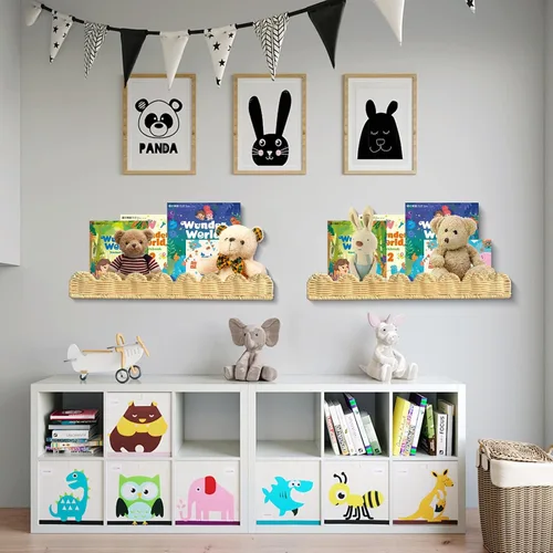 Vista 2 de Estantes para libros de guardería, 2 piezas de ratán natural artesanal festoneado, 15.8 x 4 Estantes de pared, para libros, juguetes, marcos