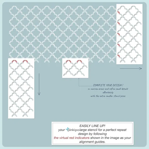 Vista 5 de PINKIPO® Marrakech Trellis - 2 plantillas XL para pared y piso para pintar, patrón marroquí de Mylar reutilizable Ogee y plantilla de borde incluida