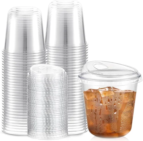 Vista 7 de Ziliny 50 juegos de tazas de café de plástico transparente con tapas para beber, tazas desechables de plástico PET transparente para café helado