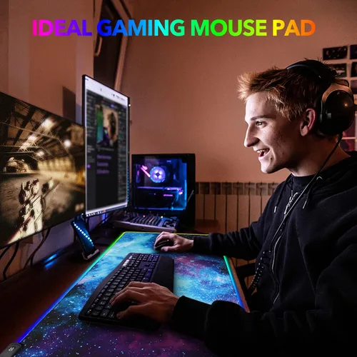 Vista 8 de AIMSA - Alfombrilla de mouse para juegos RGB extendida base de goma antideslizante con 14 modos de iluminación alfombrilla de teclado de computadora