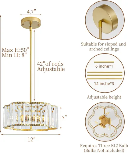 Vista 4 de Candelabro pequeño de cristal dorado, lámpara moderna de 3 luces para comedor sobre la mesa, accesorio de iluminación redondo para pasillo