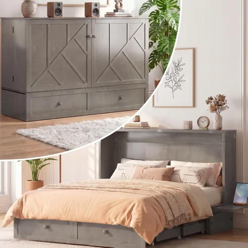Vista 10 de Mjkone Armario de cama Queen Murphy, cama de pecho Murphy con cajón de almacenamiento, estación de carga USB, panel de noche, camas convertibles