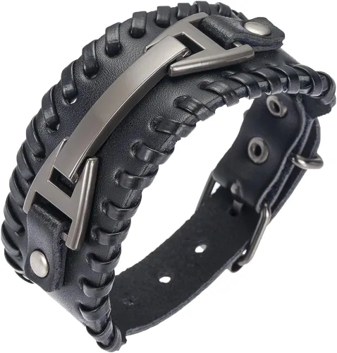 Vista 5 de Hamoery Men Leather Bracelet Punk Braided Rope Alloy Bracelet Bangle Wristband