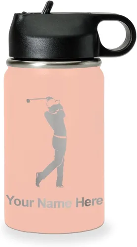 Vista 47 de LaserGram Botella de agua personalizada, golfista de golf, acero inoxidable de doble pared aislada al vacío con popote superior, regalo grabado Negro