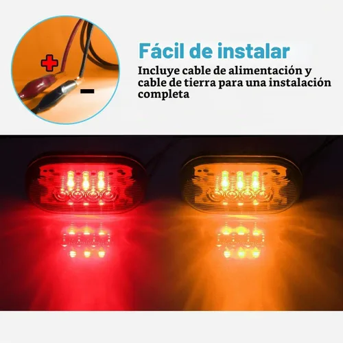 Vista 3 de Partsam 2 luces LED ámbar + 2 rojas de 12V, 10 cm x 5 cm, luz indicadora lateral ovalada para camiones, montaje en superficie, 10 diodos, luces LED