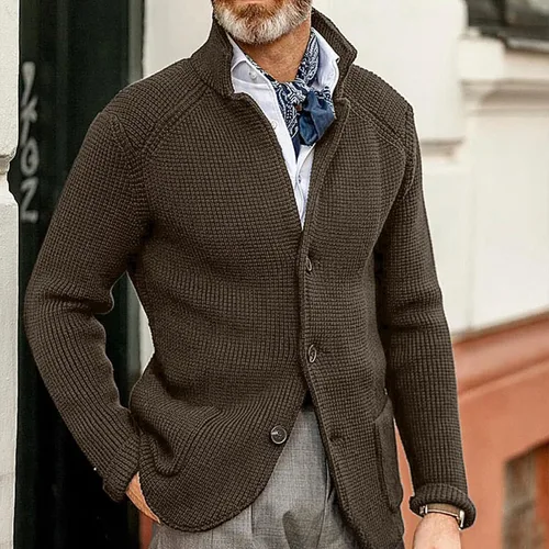 Vista 2 de Suéter de punto trenzado para hombre, cuello alto, con botones, de punto trenzado, ajuste delgado, cárdigan grande y alto, suéteres de punto térmico