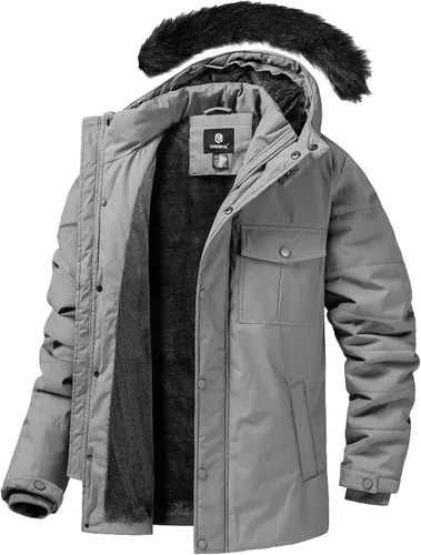 Vista 7 de CHEXPEL Abrigo de invierno para hombre, chaqueta de parka hinchada con capucha de piel, impermeable y resistente al viento, largo con forro polar