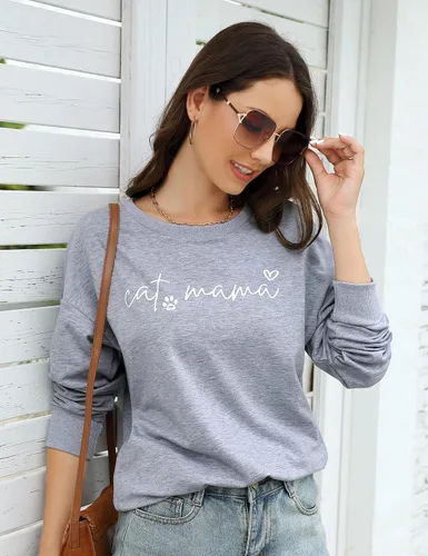 Vista 4 de Sudaderas con diseño de mamá de gato para mujer, camiseta de manga larga divertida con estampado de letras de mamá