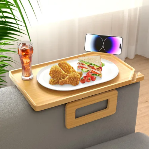 Vista 9 de Smatdecis Bandeja de brazo para sofá, mesa de clip para brazos, mesa de bandeja para reposabrazos adecuada para bebidas caseras, comida rápida, Negro