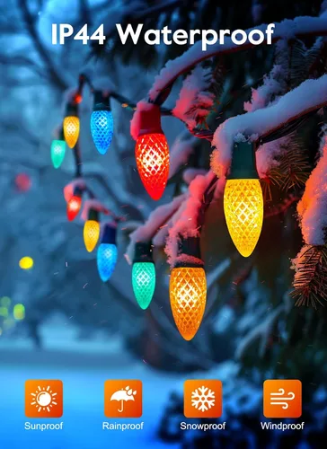 Vista 3 de Luces de Navidad al Aire Libre Brightown, 100 Pies de Cadenas LED Comerciales con Bombillas Multicolor C9 en Forma de Fresa, Impermeables