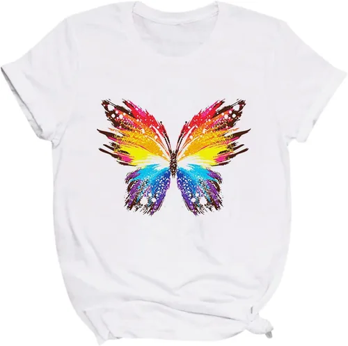 Vista 4 de Camisas Manga Corta Mujer Blusas Estampado Libélula y Mariposa a la Moda Camisetas Manga Corta Corazón Estampado