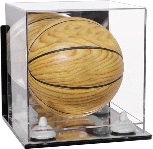 Vista 45 de Better Display Cases Mini acrílico - Miniatura (no tamaño completo) Baloncesto vitrina con elevadores negros y espejo (A015-BR)