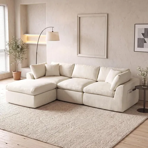Vista 8 de Sofá nube sin hueso de 111 pulgadas en forma de L con diván, sofá modular de 3 plazas para sala de estar, sofás de felpilla deshuesados de gran Beige