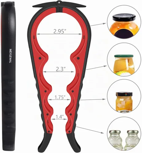 Vista 2 de Abridor de frascos y botellas para manos débiles, kit abridor de latas y botellas multifunción 5 en 1 con mango de silicona, fácil de usar para Rojo