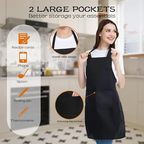 Vista 5 de Delantal de chef para hombres y mujeres, paquete de 5 delantales unisex con 2 bolsillos, delantales de cocina lavables para cocinar, hornear
